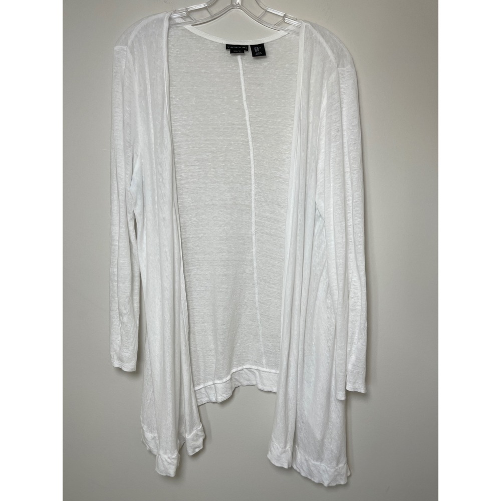 Tahari White 100% Linen Open Front Cardigan Beach Duster Asymmetrical Hem XL